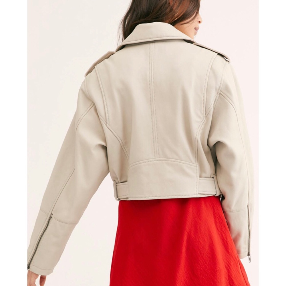 New We The Free Free People Slow Moves Lg 12/14 Beige Leather Belted Moto Jacket - Picture 8 of 9